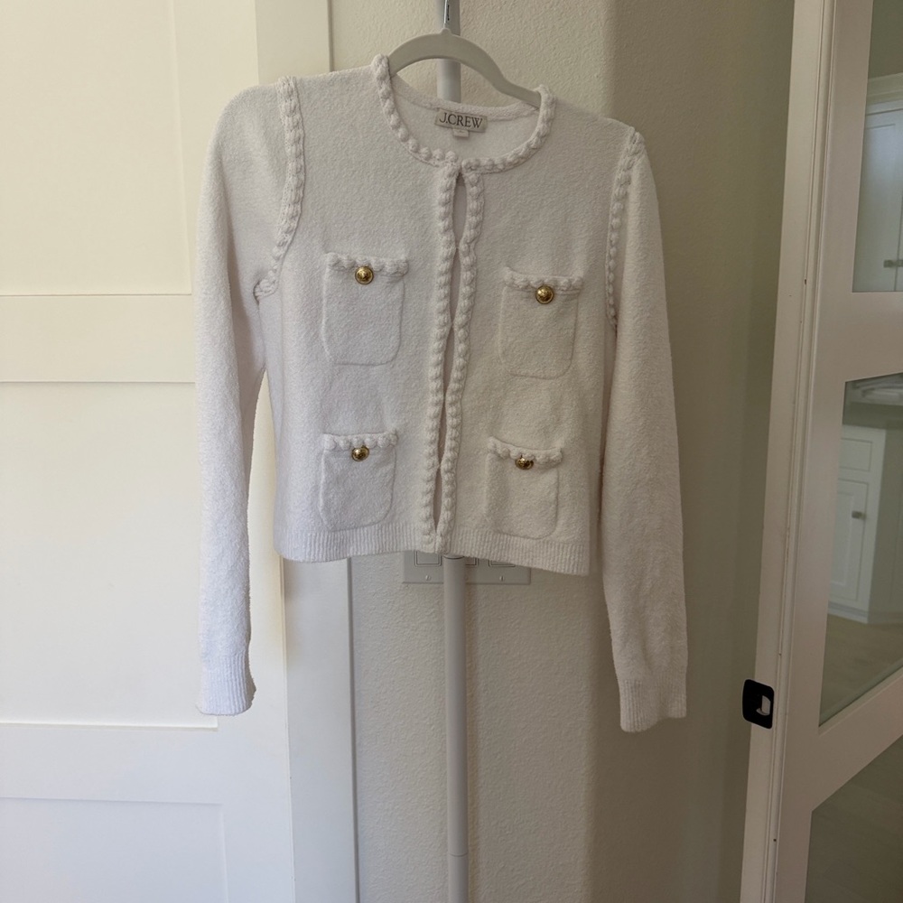J. Crew Cream Bouclé Four-Pocket Cardigan Jacket with Gold Buttons